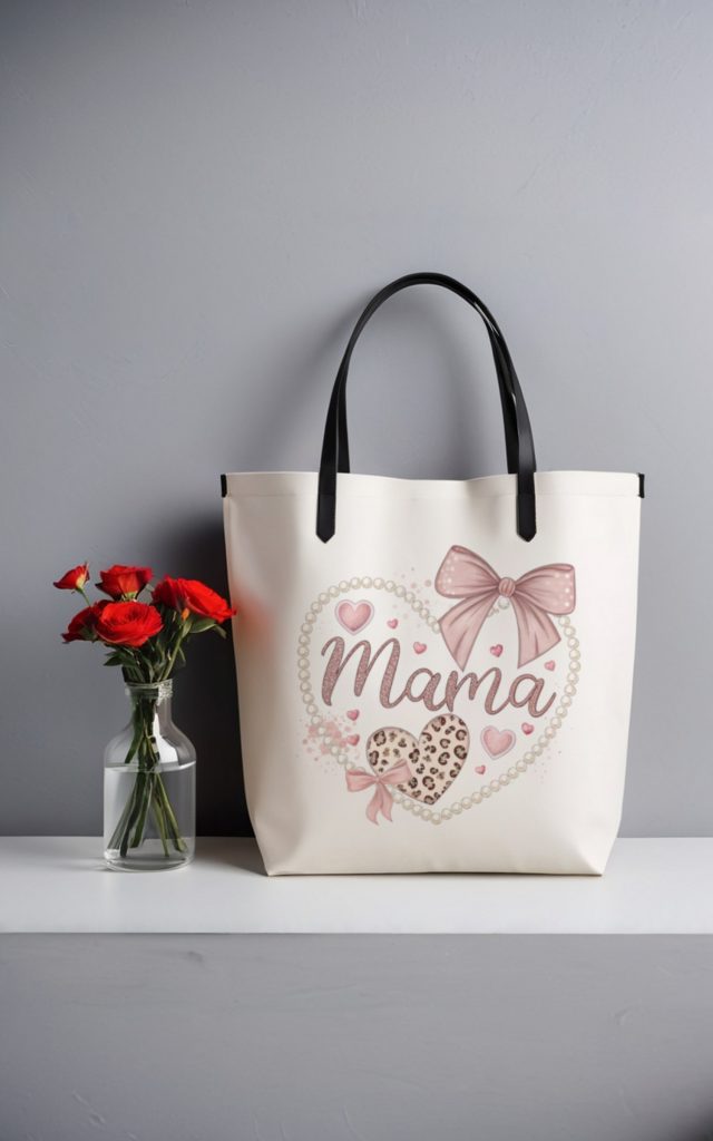 Elegant Mama tote bag with pearl heart and leopard print.