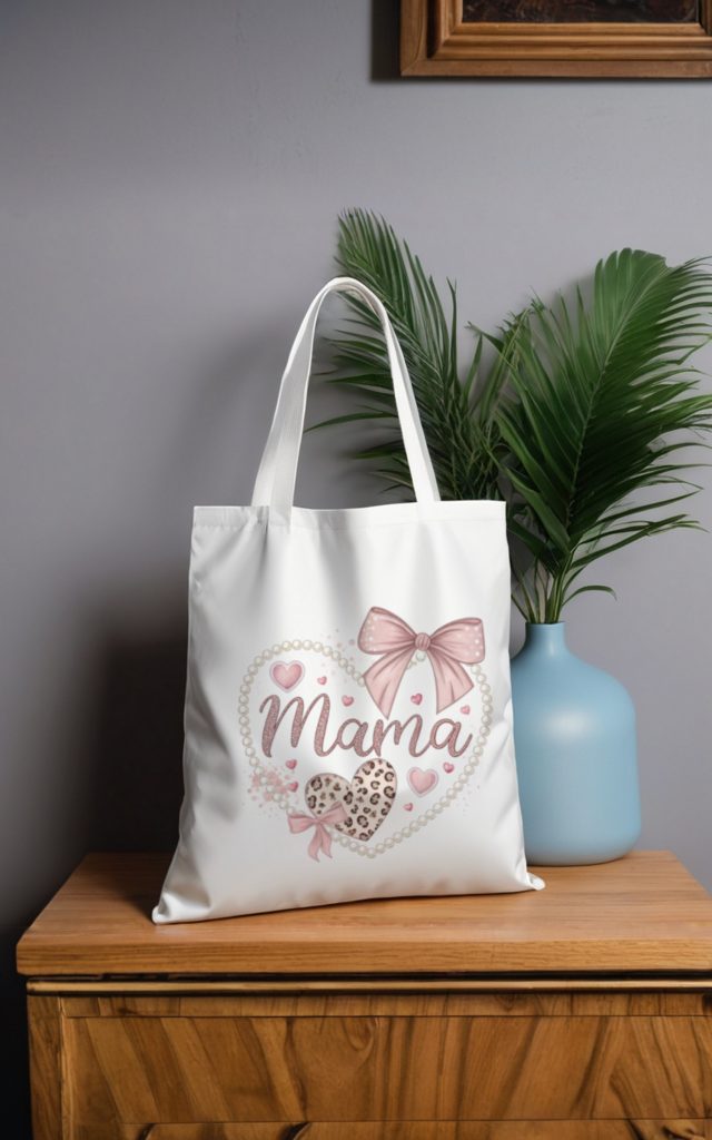 Delicate Mama tote bag with pearl heart and pastel tones.