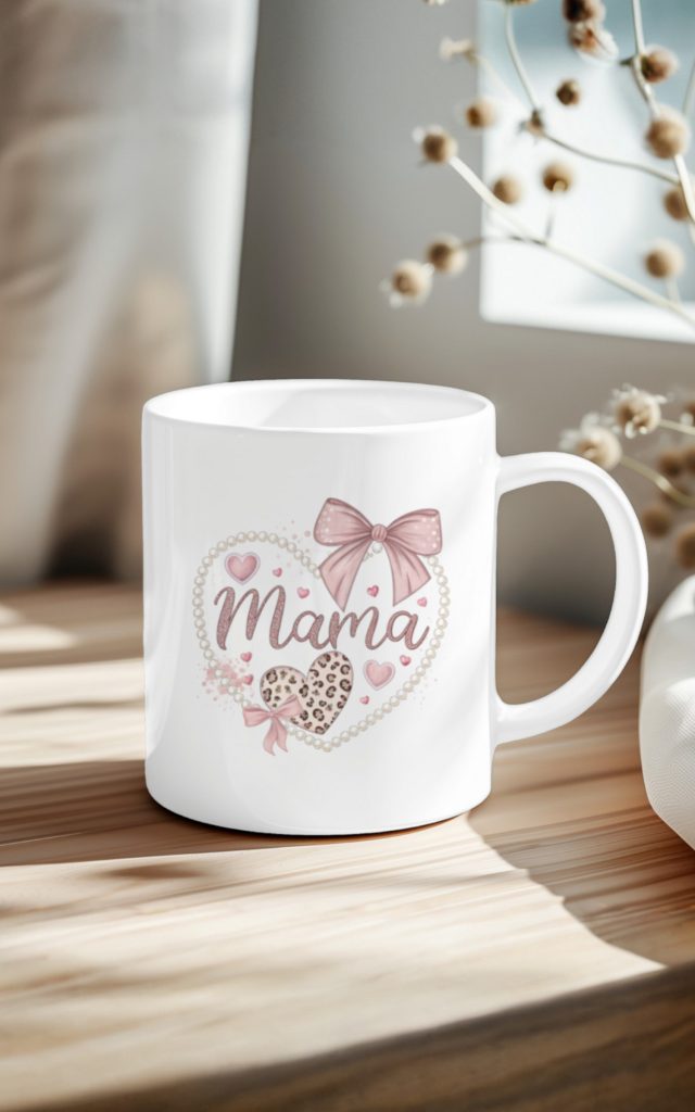 Pearl heart Mama mug with pink bows and leopard print.