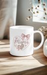 Pearl heart Mama mug with pink bows and leopard print.