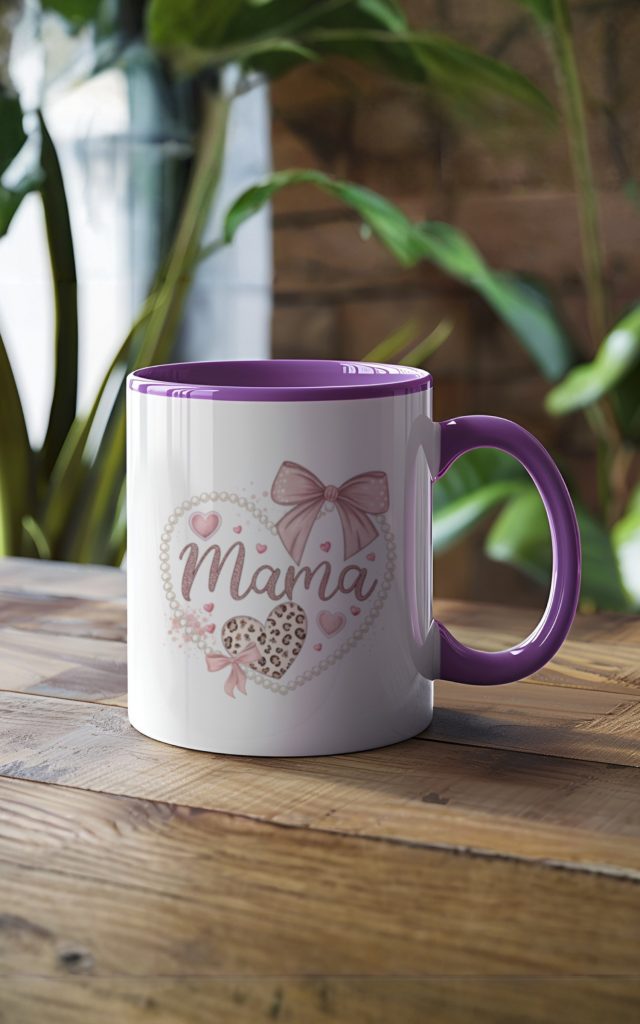 Elegant Mama mug with pearl heart and leopard accents.