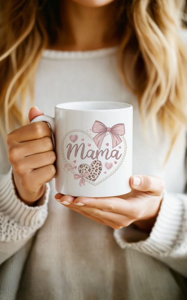 Delicate Mama mug with pearl heart and pastel tones.