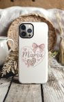 Pearl heart Mama phone case with pink bows and leopard print.