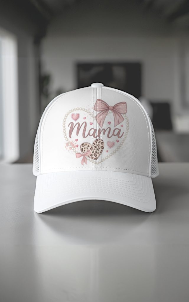 Pearl heart Mama cap with pink bows and leopard print.