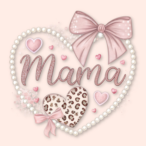 Pearl heart Mama design with pink bows, leopard print, and soft pastel tones.