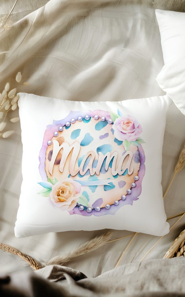 Watercolor Mama pillow with roses, pearls, and leopard print.