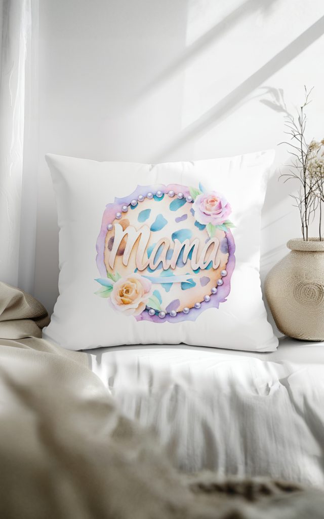 Delicate Mama pillow with roses, pearls, and pastel tones.