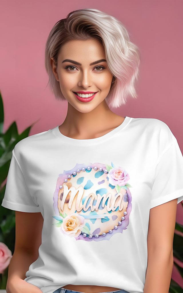 Watercolor Mama t-shirt with roses, pearls, and leopard print.