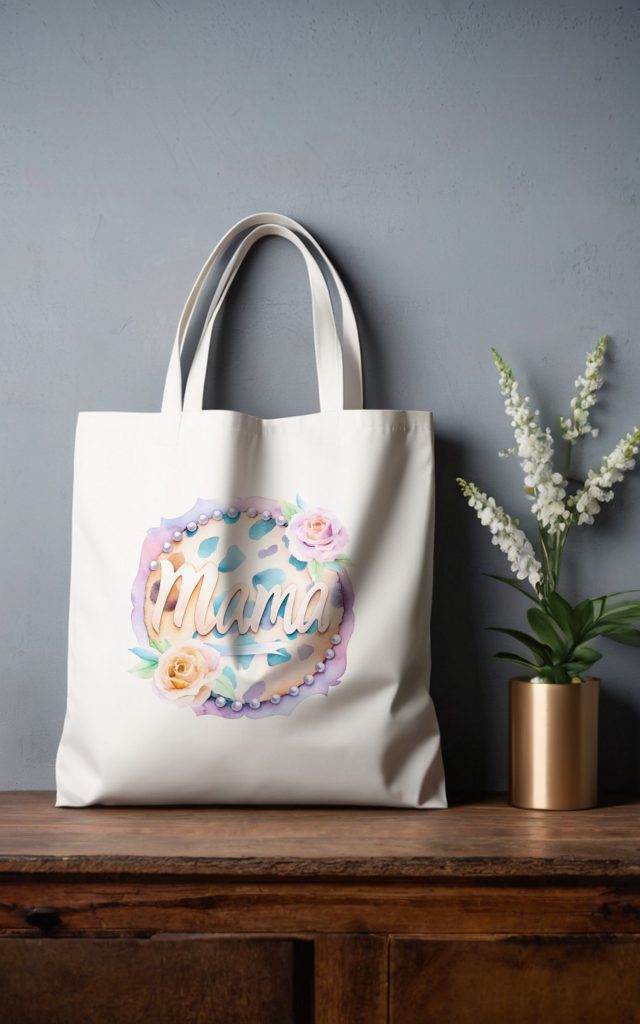 Watercolor Mama tote bag with roses, pearls, and leopard print.