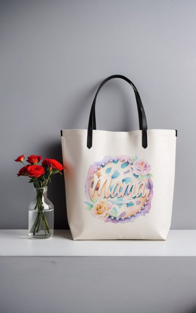 Elegant Mama tote bag with floral details and leopard print.