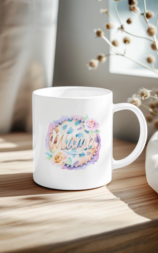 Watercolor Mama mug with roses, pearls, and leopard print.