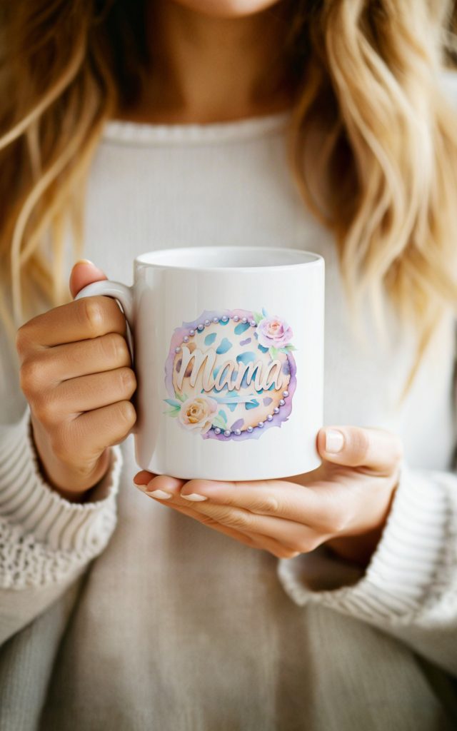 Delicate Mama mug with roses, pearls, and pastel tones.