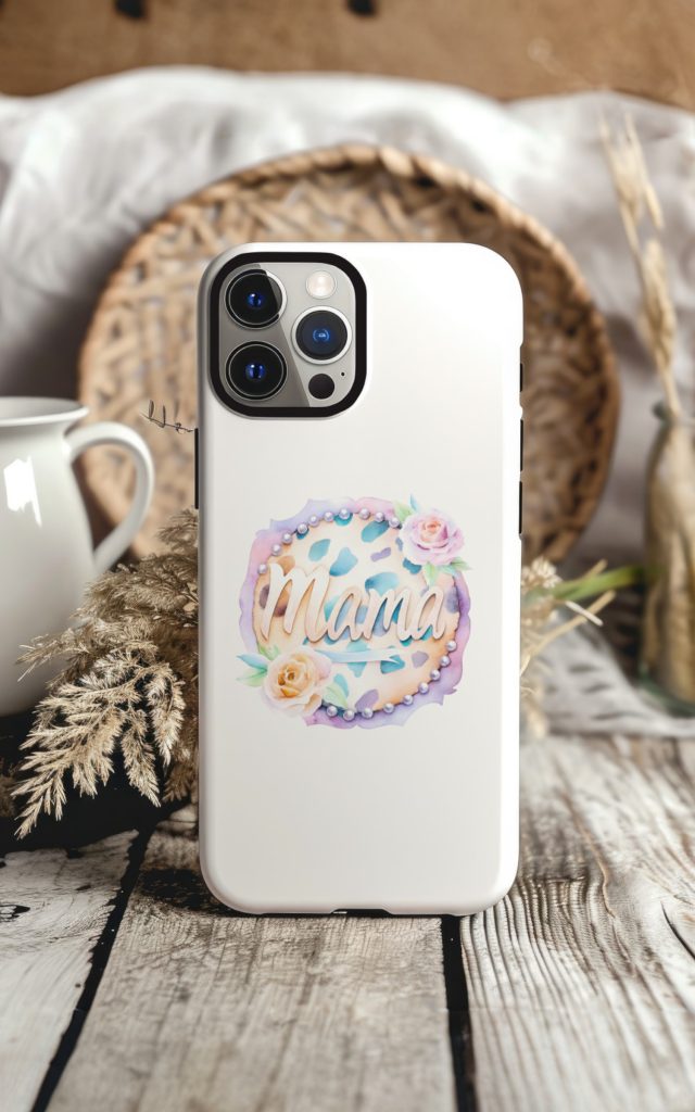 Watercolor Mama phone case with roses, pearls, and leopard print.