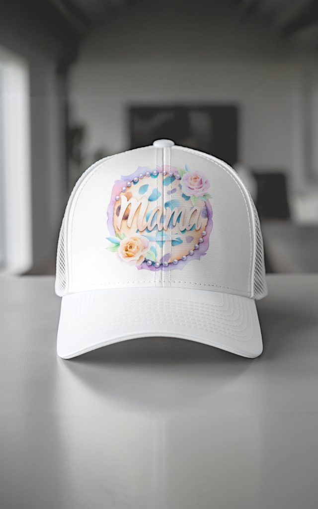 Watercolor Mama cap with roses, pearls, and leopard print.