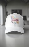 Baseball cap mockup with a watercolor design of 'Mama' in pink script on a pastel heart, surrounded by roses and leopard print