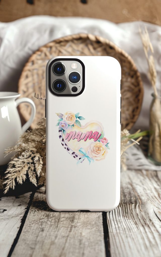 Phone case mockup with a watercolor design of 'Mama' in pink script on a pastel heart, surrounded by roses and leopard print