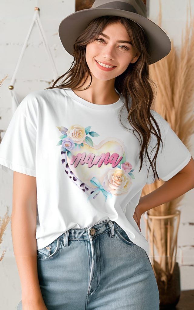 T-shirt mockup with a watercolor design of 'Mama' in pink script on a pastel heart, surrounded by roses and leopard print