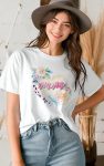 T-shirt mockup with a watercolor design of 'Mama' in pink script on a pastel heart, surrounded by roses and leopard print