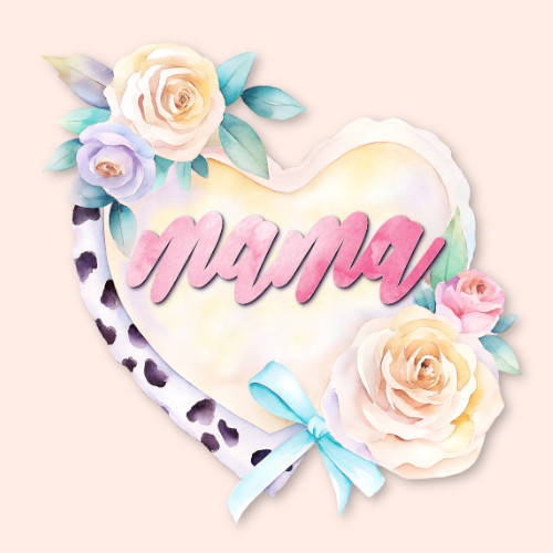 Watercolor design with 'Mama' in pink script on a pastel heart, surrounded by roses and leopard print accents