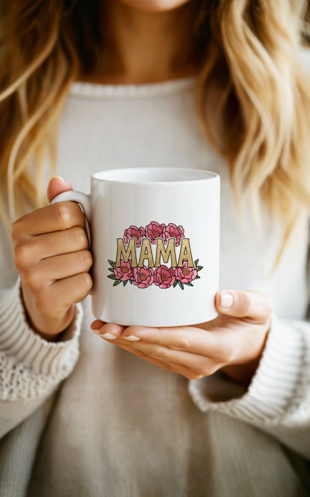 A white ceramic mug adorned with a golden "Mama" design and delicate pink peonies, ideal for coffee or tea.