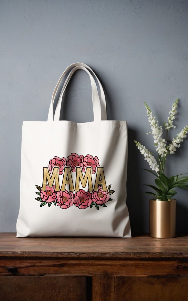 A stylish tote bag with a gold "Mama" design, framed by soft pink peonies for a chic and feminine look.