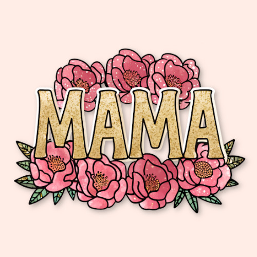 A beautiful floral design with the word "Mama" in gold, accented by pink peonies, blending boho and vintage aesthetics.