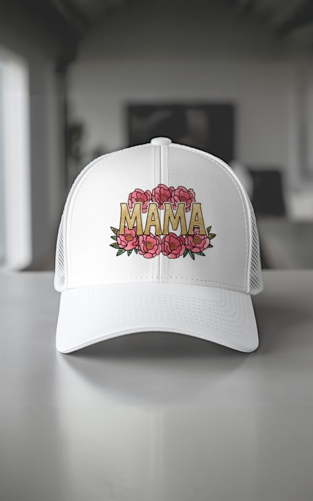 A fashionable cap with an embroidered "Mama" design in gold, accented by soft pink peonies for a feminine touch.