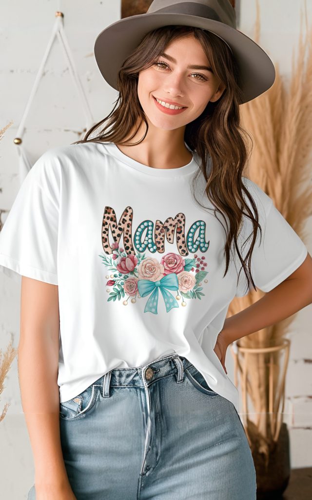 A white t-shirt with a chic "Mama" design in leopard print, decorated with pearls, roses, and a teal bow.