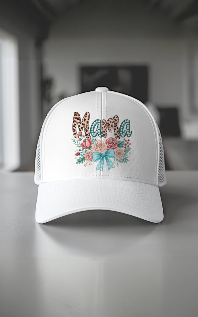 A fashionable cap with a leopard print "Mama" design, detailed with pearls, roses, and a soft teal bow.