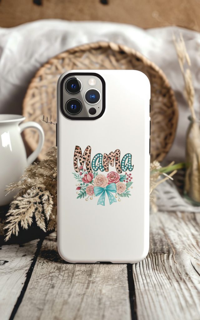 A sleek phone case showcasing a leopard print "Mama" design with pearl accents, roses, and a teal bow.