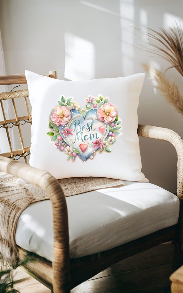 Watercolor Floral Heart BEST MOM Pillow