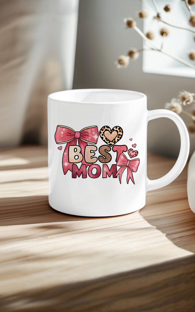 Best Mom Glittery Hearts and Bows Design Mug