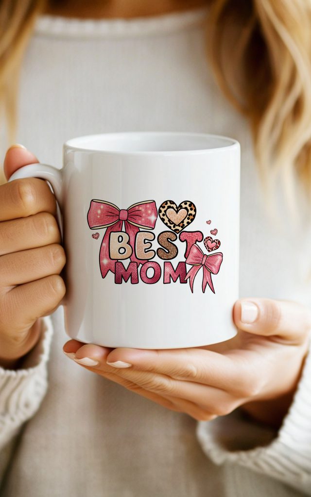 Best Mom Glittery Hearts and Bows Design Mug