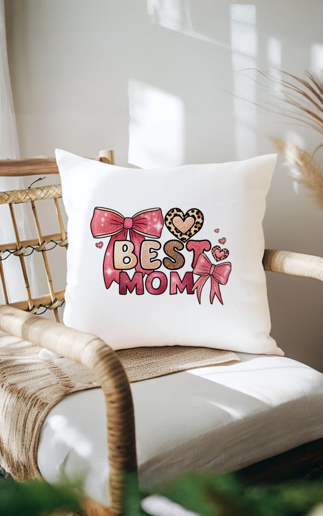 Best Mom Glittery Hearts and Bows Design Pillow