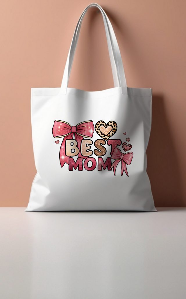 Best Mom Glittery Hearts and Bows Design Tote Bag