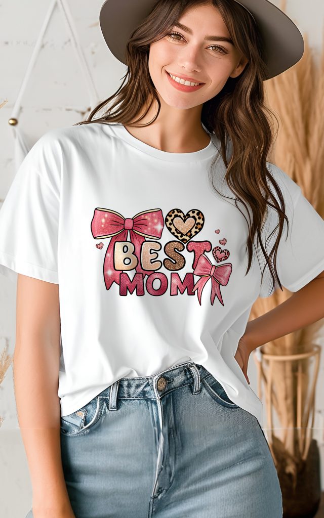 Best Mom Glittery Hearts and Bows Design Tshirt