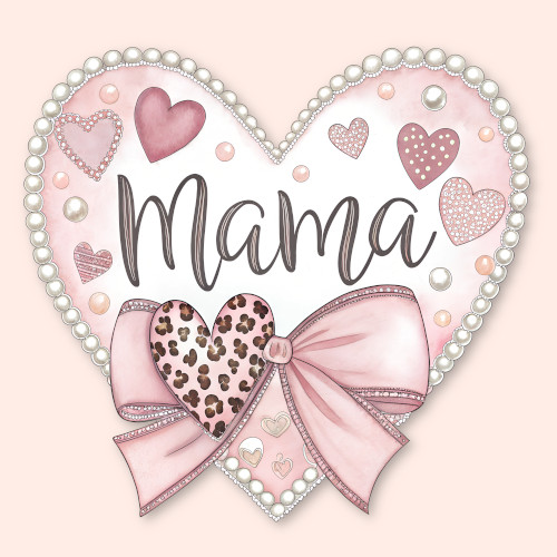 Heart-shaped Mama design with soft-colored hearts and a stylish bow