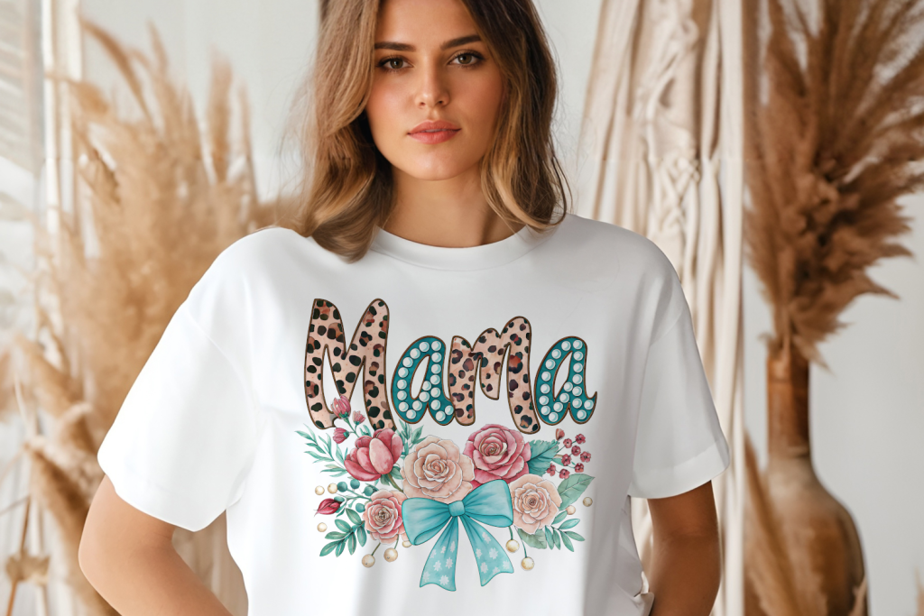 Trendy and stylish "Mama" design featuring a bold leopard print and pearl-accented lettering, surrounded by elegant roses and a soft teal bow.